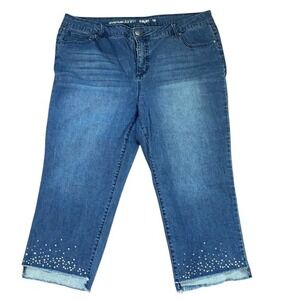 Avenue Denim Womens Plus Size 18 Capri Jeans Rhinestone Raw Hem Medium Wash Blue